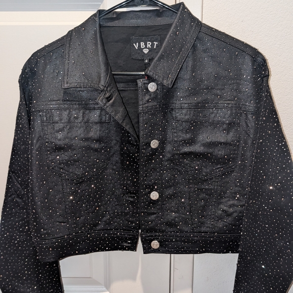 vbrt Jackets & Blazers - VBRT Black Rhinestone Cropped Denim Jacket | Sparkle Studded | Women’s